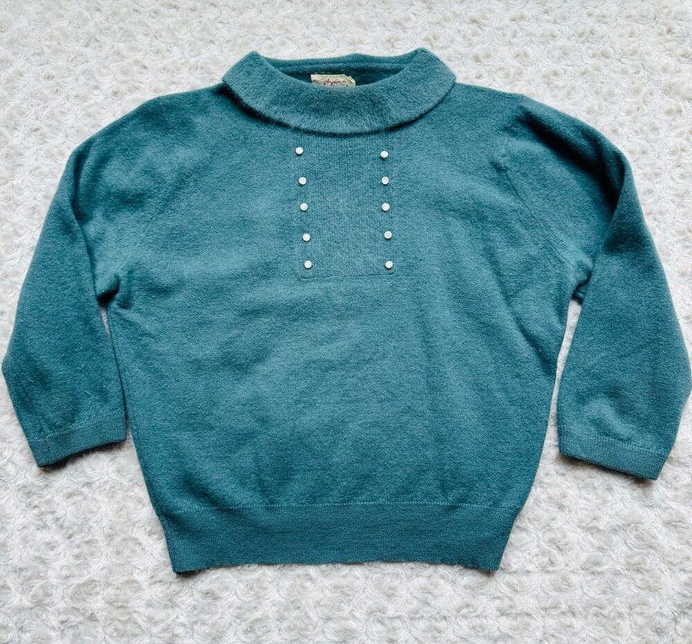 Angelon by Darlene Vintage French Angora Wool USA Teal Sweater 1950s 1960s Small